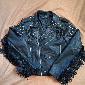AMAZING Zara Basic Fringed Faux Leather Biker Bomber Jacket Studded Moto Rocker